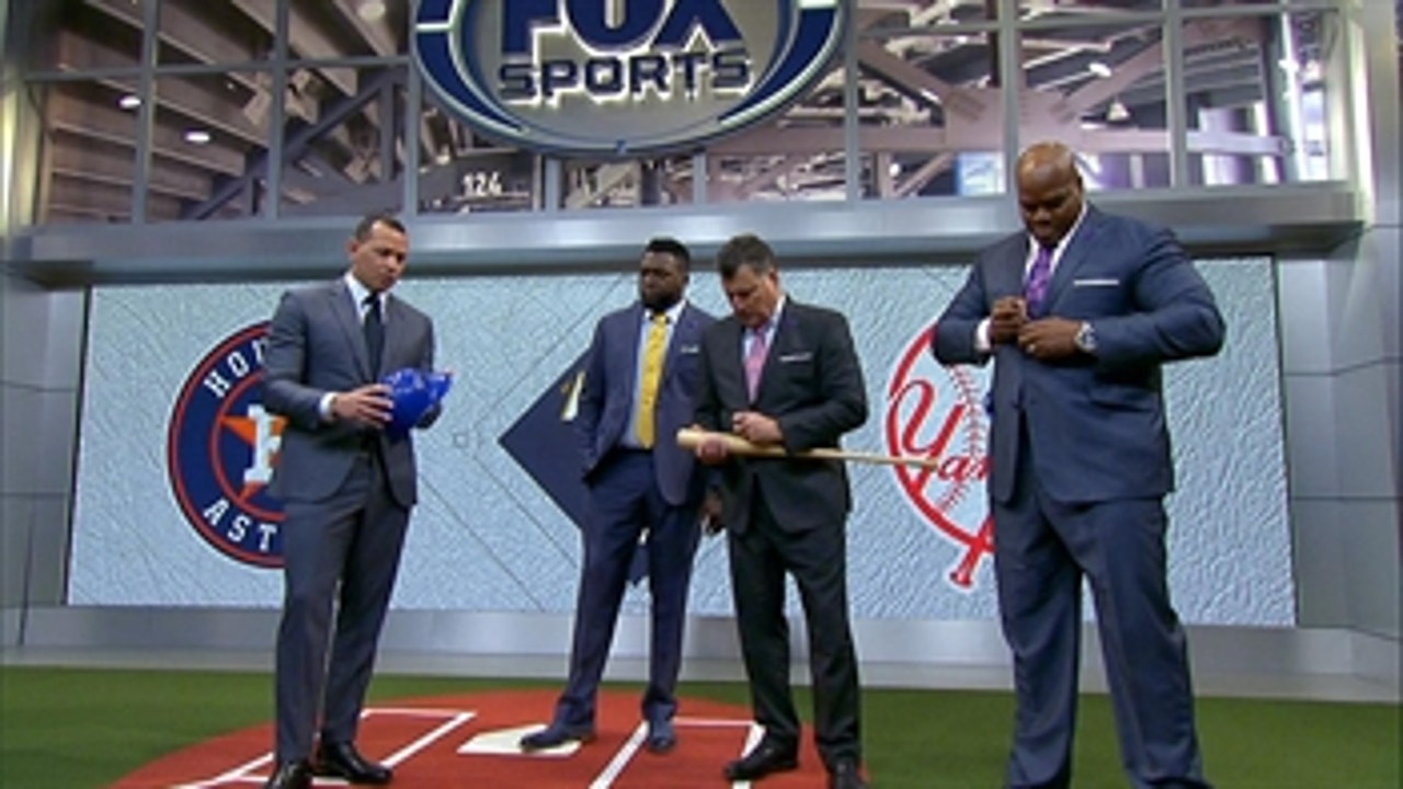 Alex Rodriguez, David Ortiz, Frank Thomas and Keith Hernandez help out a young A's fan