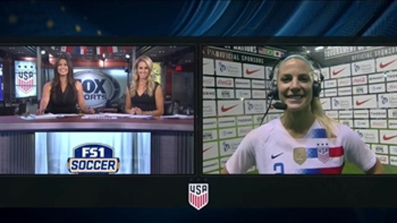 Julie Ertz talks with Alex Curry and Leslie Osborne after the USWNT with the 2018 Tournament of Nations