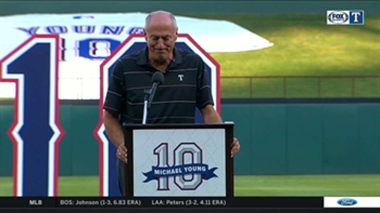 Eric Nadel takes the Podium ' Michael Young Jersey Retirement Ceremony
