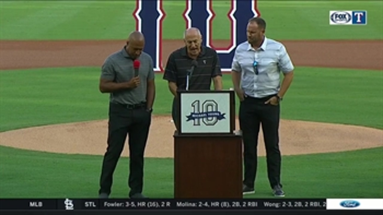 Vernon Wells and Colby Lewis take the podium ' Michael Young Jersey Retirement Ceremony