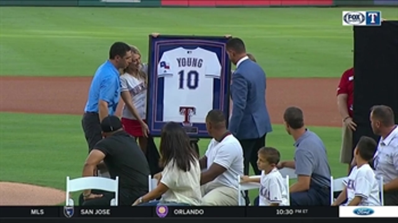Michael Young Receives Gifts ' Michael Young Jersey Retirement Ceremony