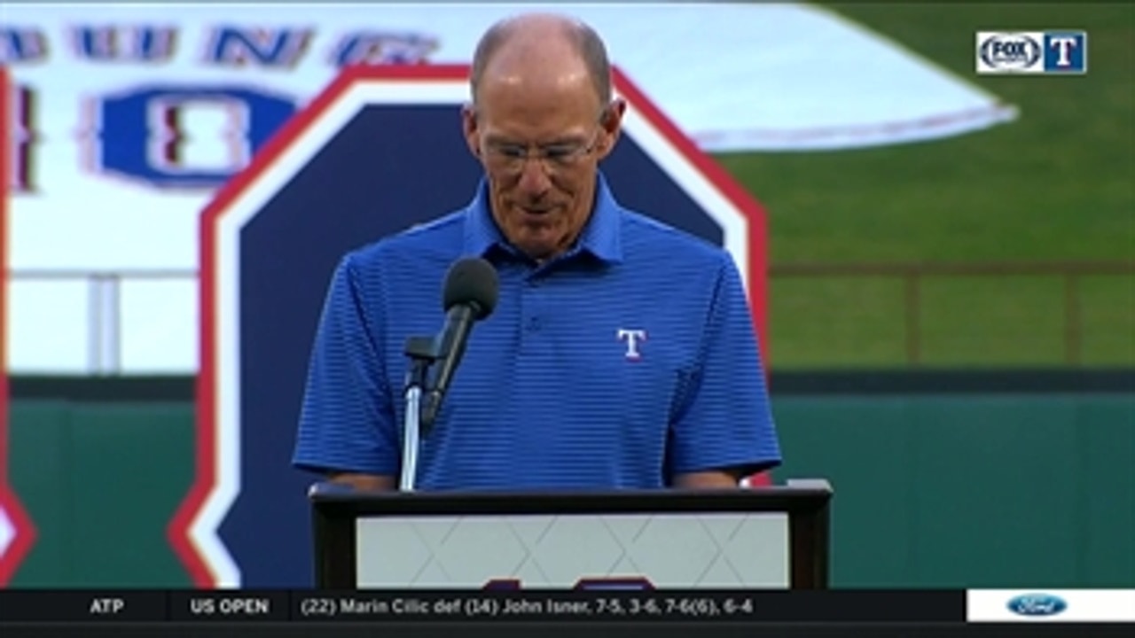 Tom Grieve takes the Podium ' Michael Young Jersey Retirement Ceremony