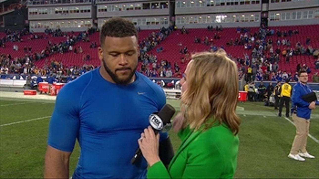 Aaron Donald talks to Shannon Spake after coming up just short of the single-season sack record
