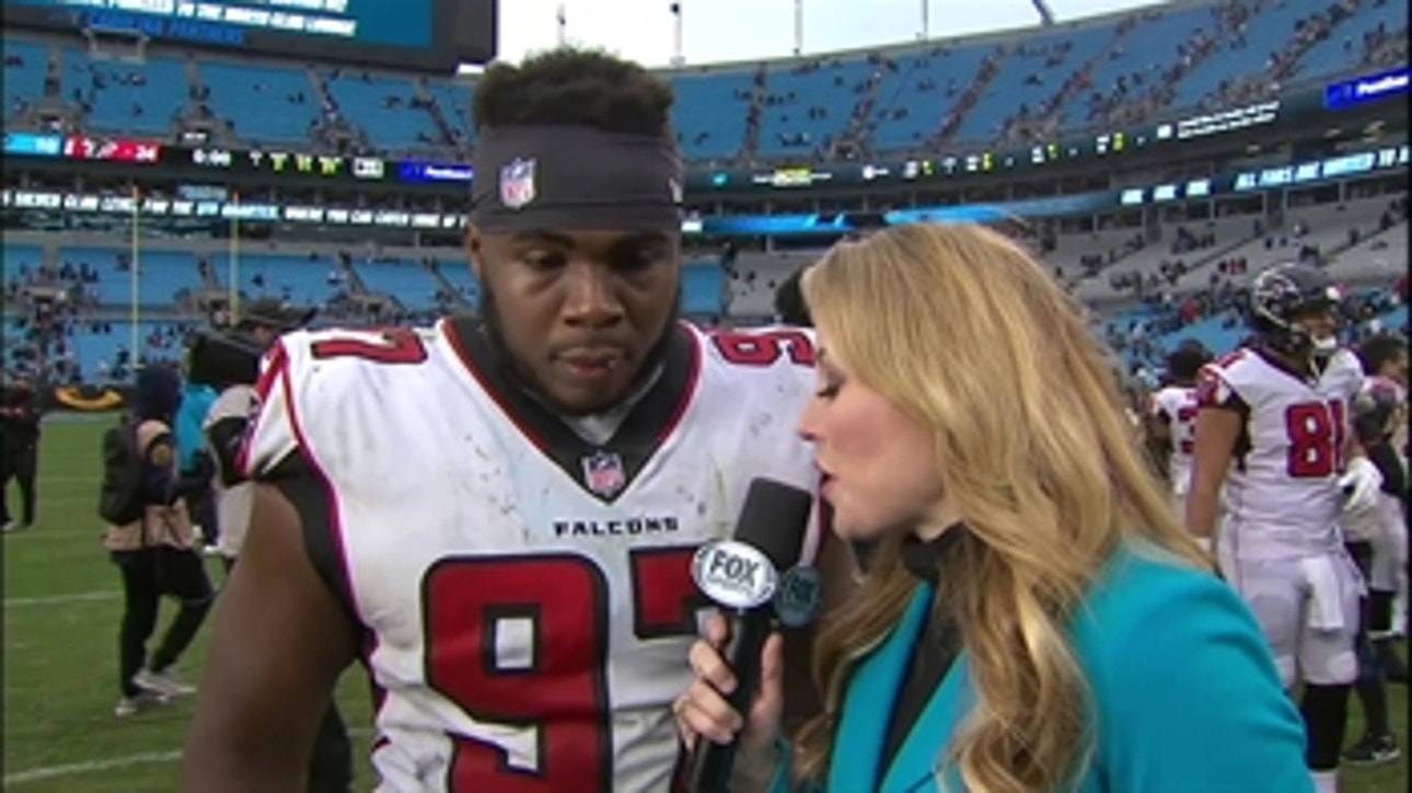 Falcons DT Grady Jarrett talks to Jennifer Hale after Atlanta's win in Carolina