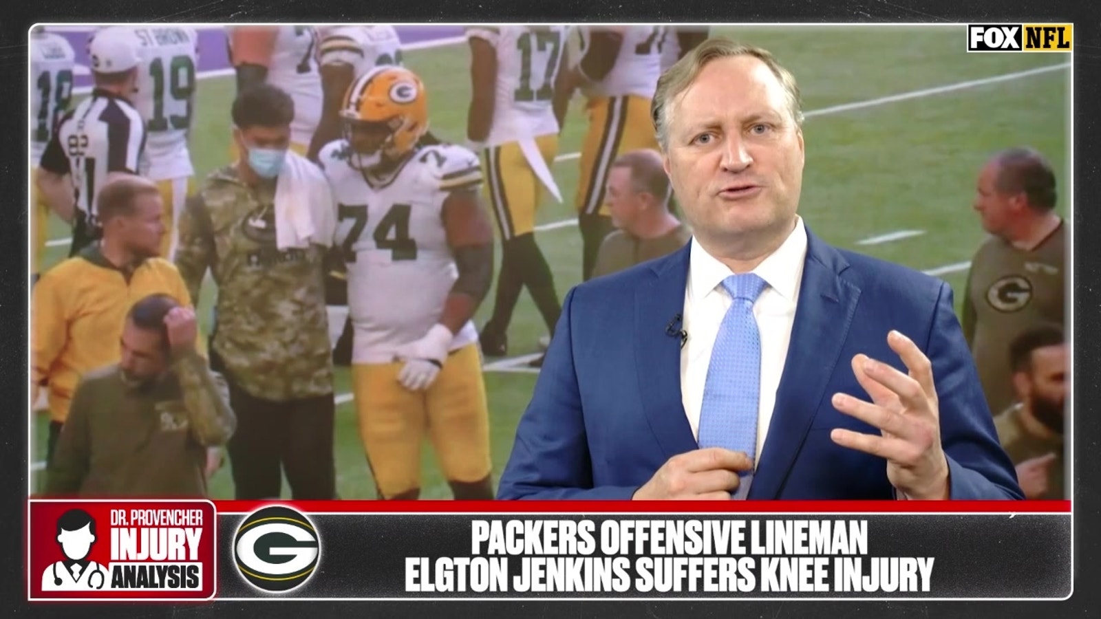 Dr. Matt evaluates Elgton Jenkins' knee injury