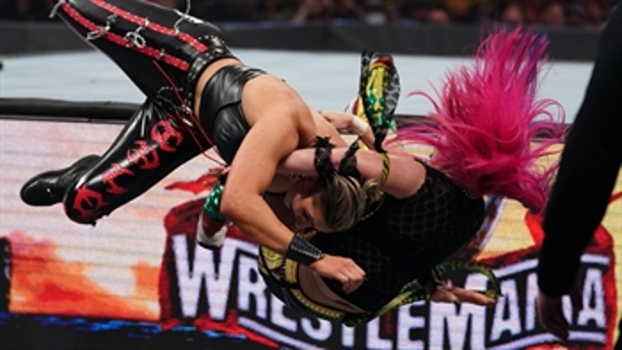 Asuka plants Rhea Ripley with DDT off the apron: WrestleMania 37 – Night 2 (WWE Network Exclusive)