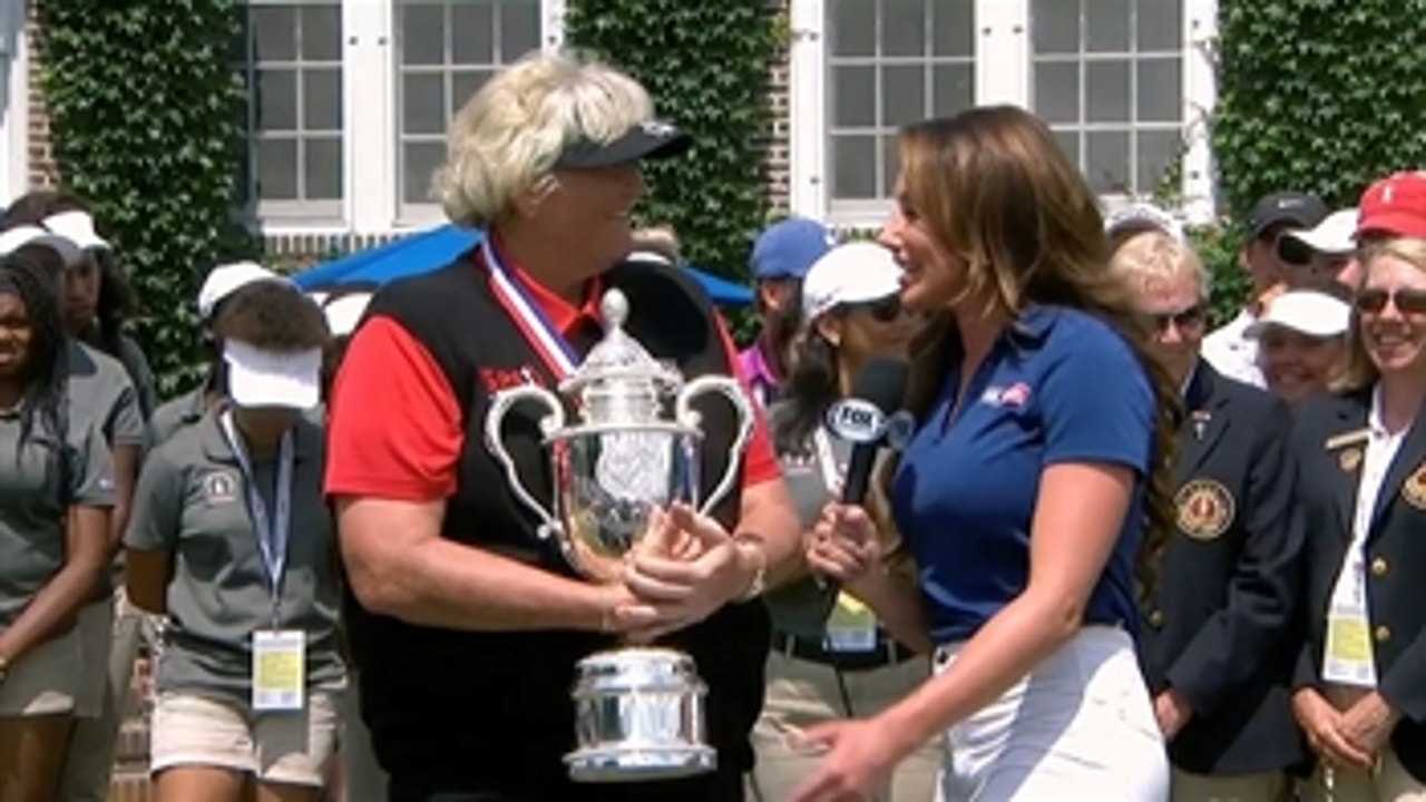 Laura Davies talks with Holly Sonders after winning US Senior Women's Open