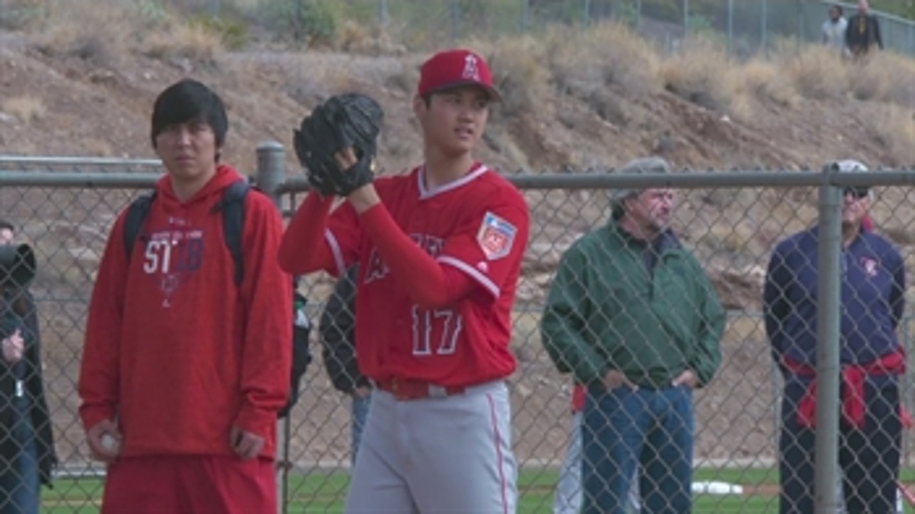 EXCLUSIVE: Angels pitcher Shohei Ohtani throws from bullpen