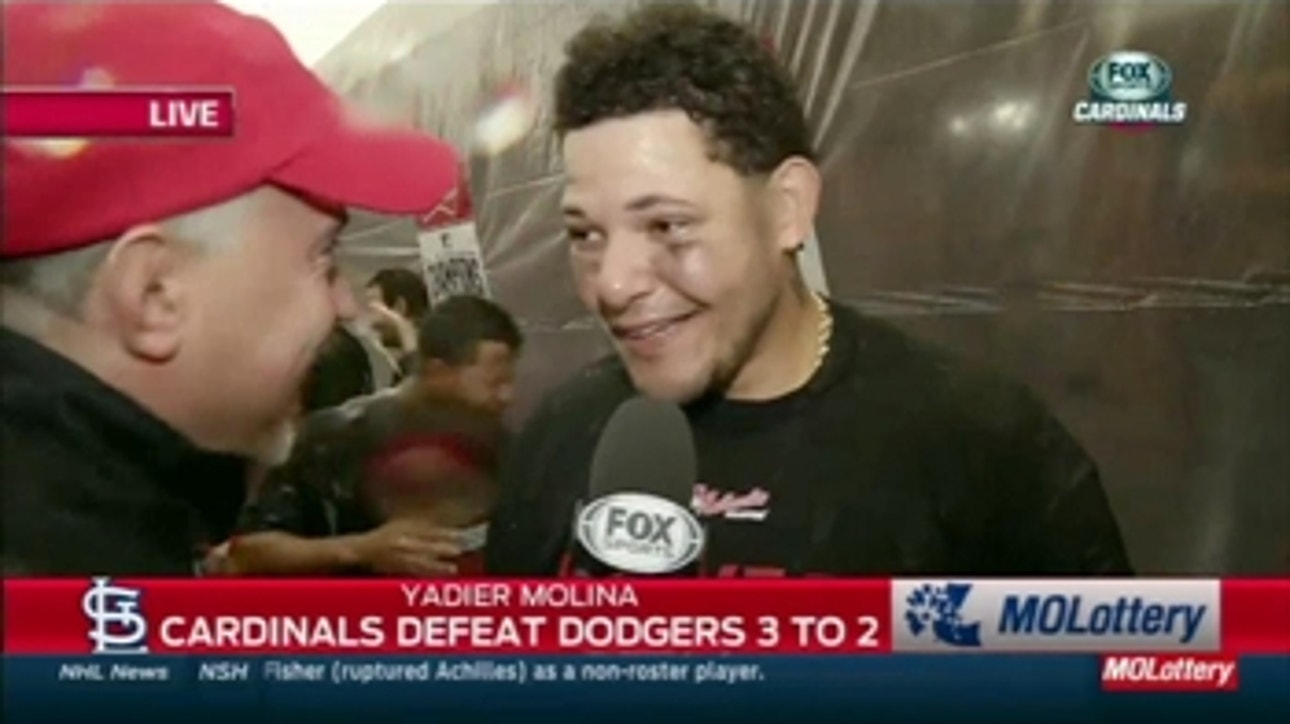 Yadier Molina celebrates Cardinals' NLDS win