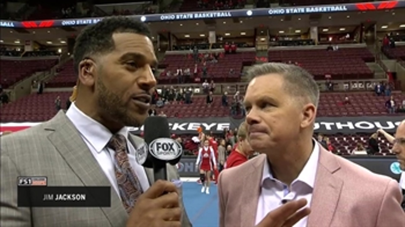 Ohio State head coach Chris Holtmann has some fun with FOX's Jim Jackson following Buckeyes win vs Nebraska