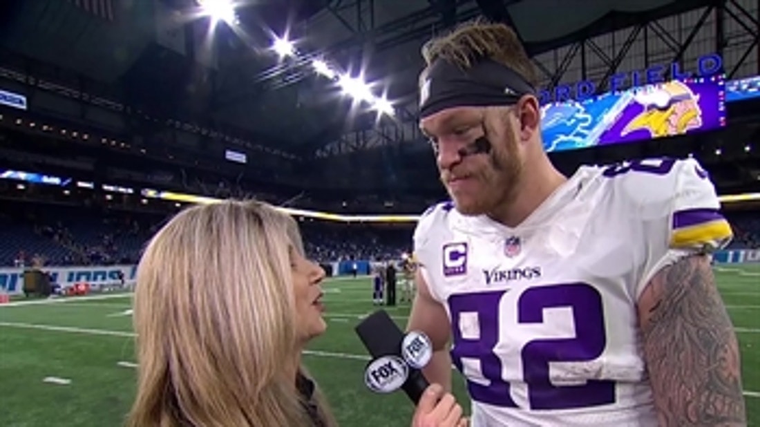 Kyle Rudolph talks with Laura Okmin after his huge statistical day for the Vikings