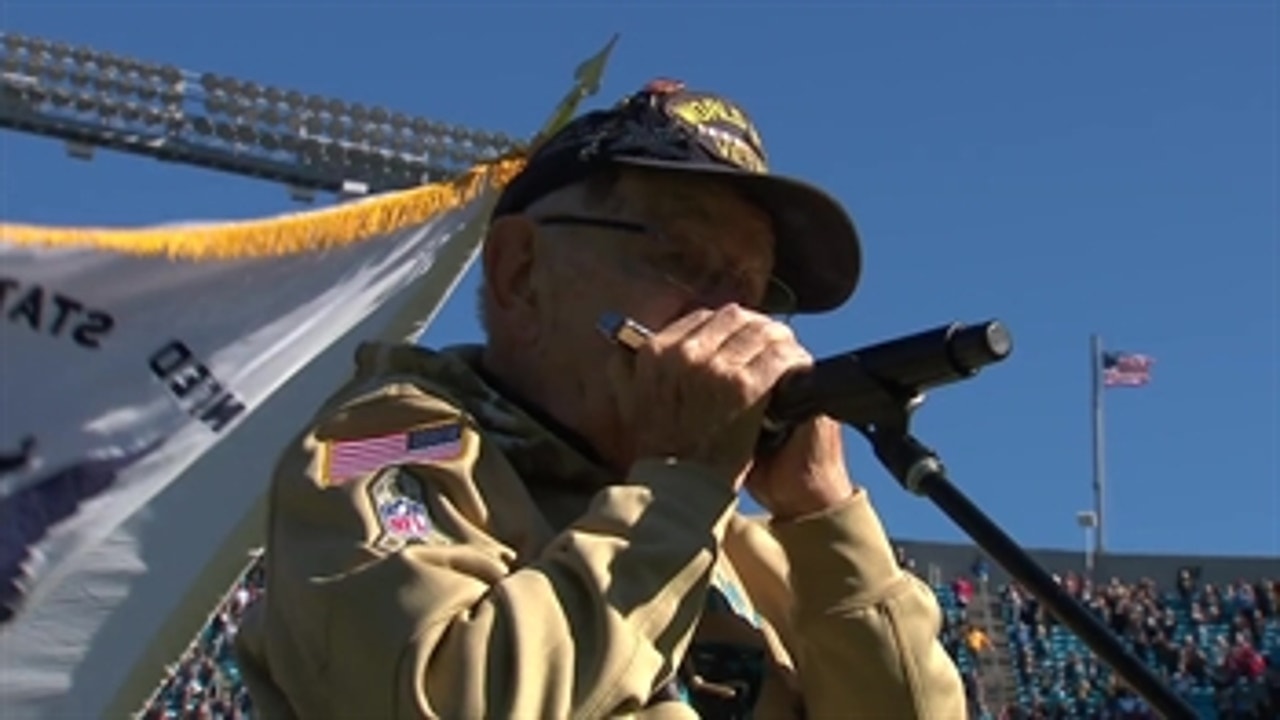 96-year-old WWII veteran Pete DuPré plays national anthem on harmonica at Panthers game