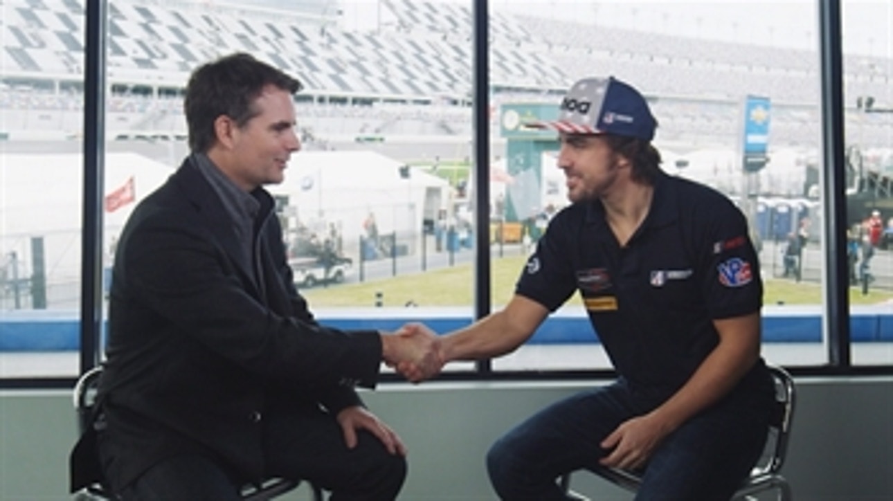 Fernando Alonso talks with Jeff Gordon about his first start in the Rolex 24 at Daytona