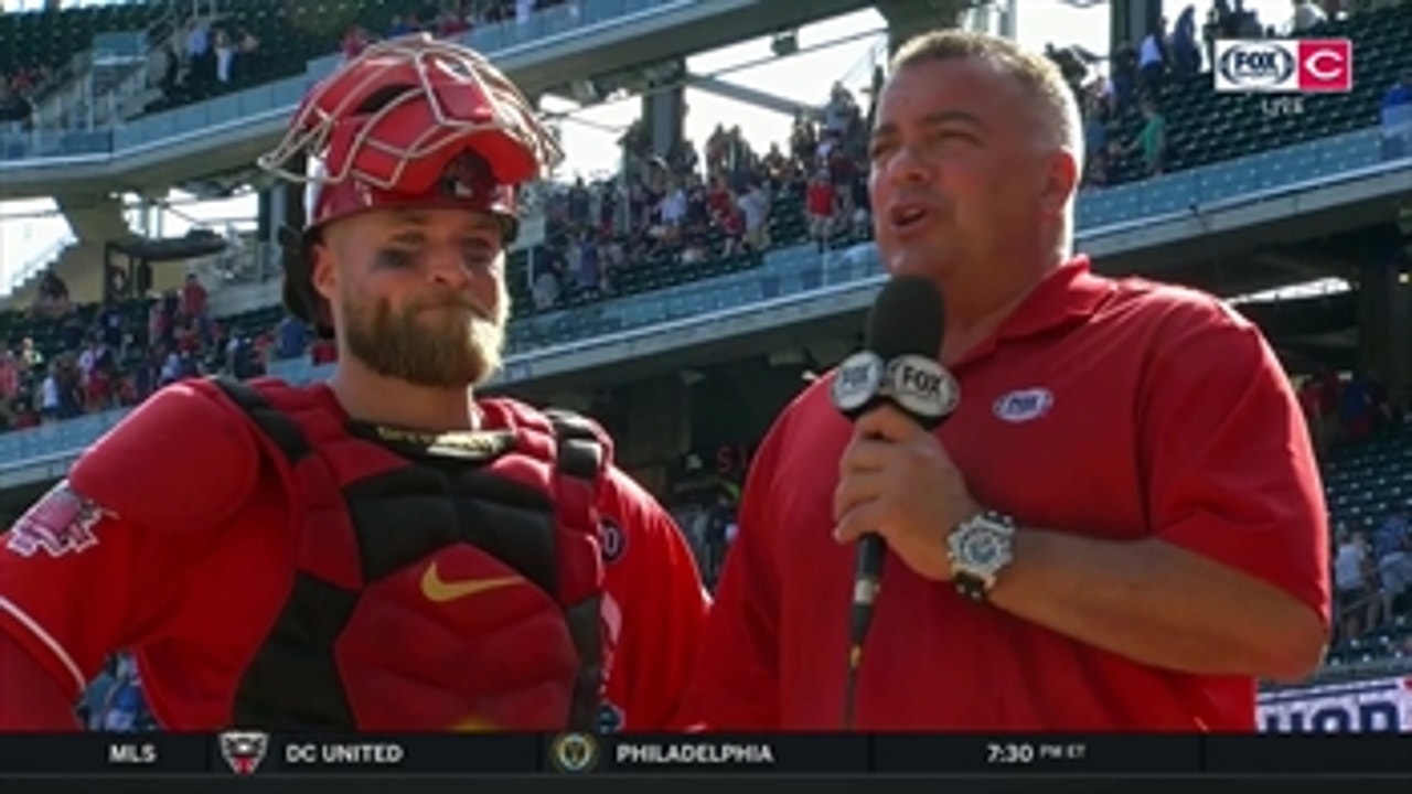 Tucker Barnhart enjoys post-game victory shower after launching a three run shot to win it for the Reds