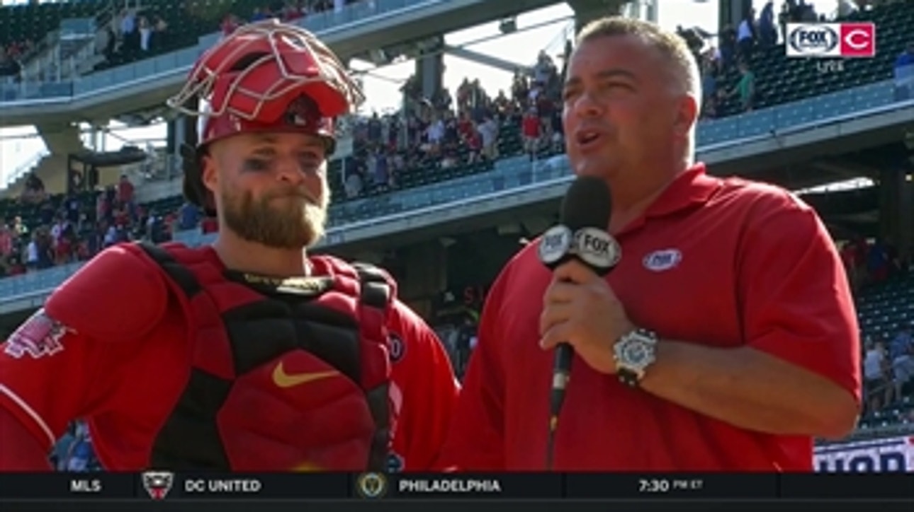 Tucker Barnhart enjoys post-game victory shower after launching a three run shot to win it for the Reds