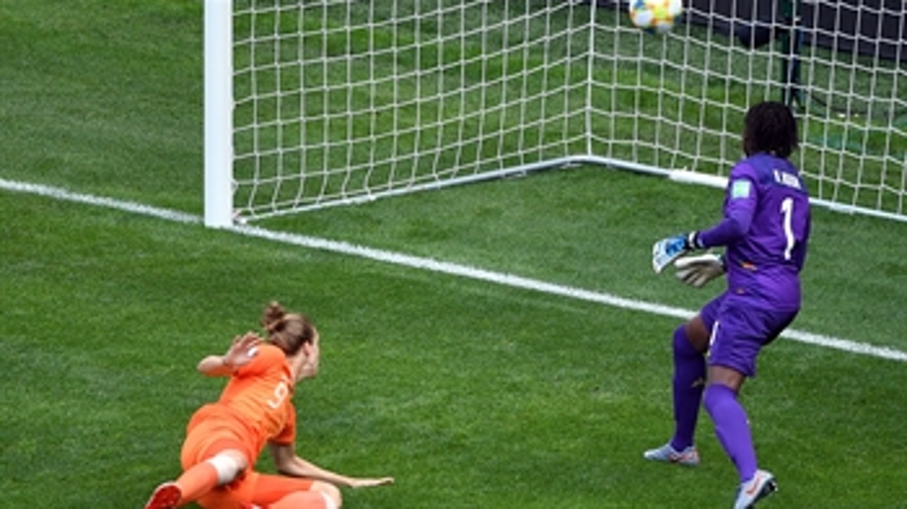 Netherlands score on the gorgeous cross and header vs. Cameroon