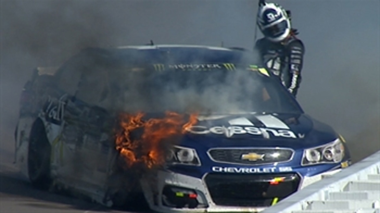 Jimmie Johnson Slams into Outside Wall as Jamie McMurray Catches Fire | 2017 POCONO | FOX NASCAR
