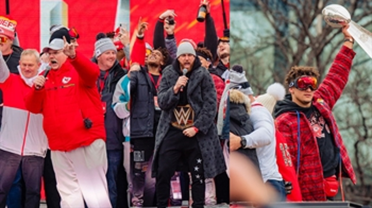 The Kansas City Chiefs celebrate with fans after their Super Bowl LIV victory parade