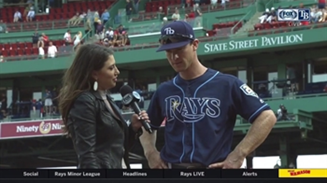Michelle Margaux talks with Joey Wendle after his great game against Red Sox
