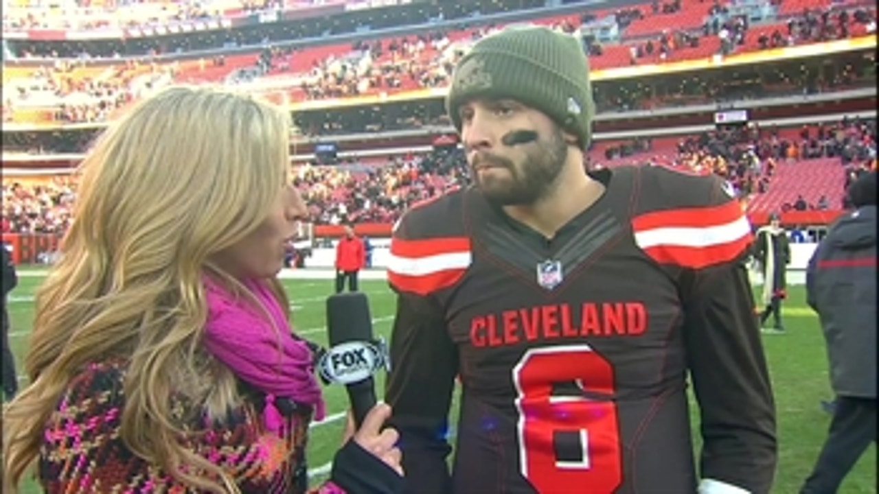 Baker Mayfield talks to Sara Walsh after the biggest win of his NFL career