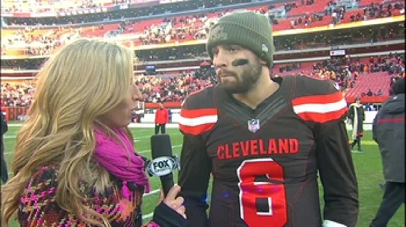 Baker Mayfield talks to Sara Walsh after the biggest win of his NFL career
