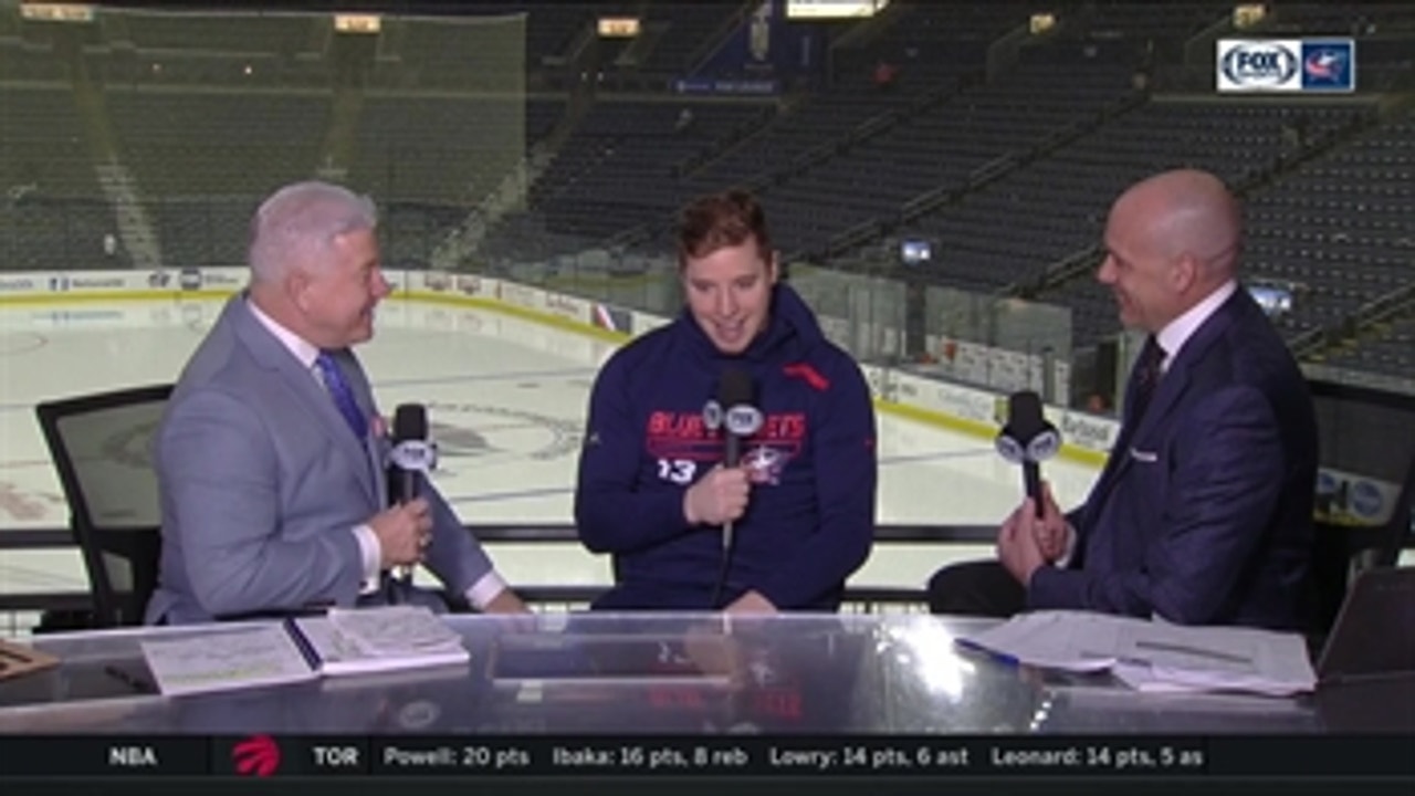 Cam Atkinson jokes that his young son is helping the Blue Jackets scout Montreal