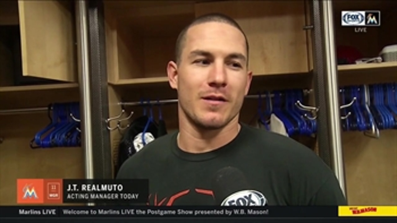 Marlins acting manager J.T. Realmuto explains how he navigated game