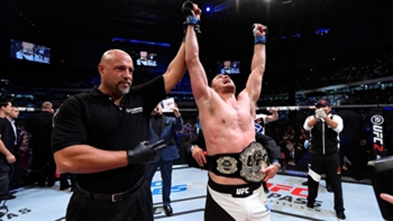 Stipe Miocic reacts after becoming the UFC heavyweight champion