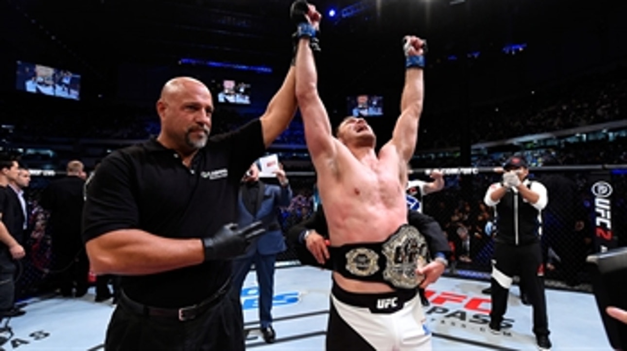 Stipe Miocic reacts after becoming the UFC heavyweight champion