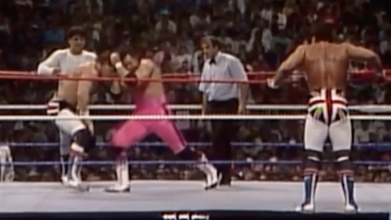 The Hart Foundation and Danny Davis battle The British Bulldogs and Tito Santana at WrestleMania 3