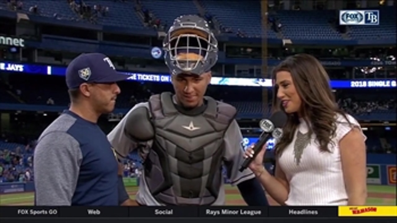 Michael Perez talks with Michelle Margaux after hitting 1st MLB homer
