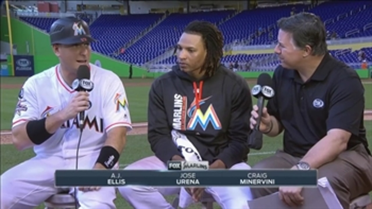 Jose Urena, A.J. Ellis chat after sweeping Mets