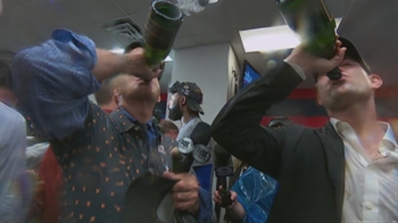 Bill Murray chugs champagne with Theo Epstein to celebrate Cubs ' 2016 WORLD SERIES ON FOX