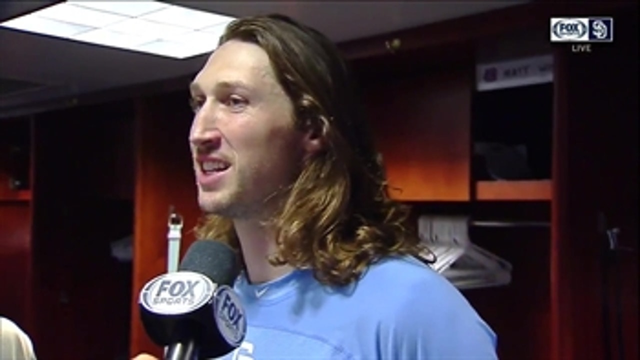 Matt Strahm talks after delivering the go-ahead RBI