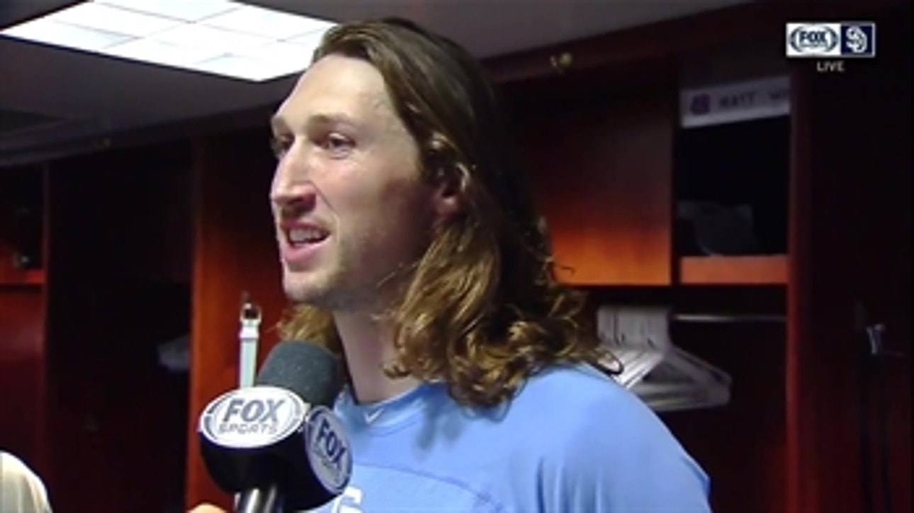 Matt Strahm talks after delivering the go-ahead RBI
