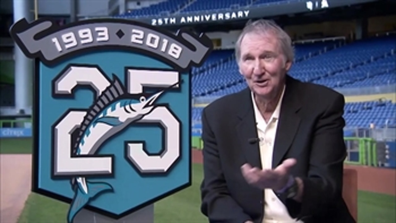 Charlie Hough enjoys Marlins 25th anniversary logo