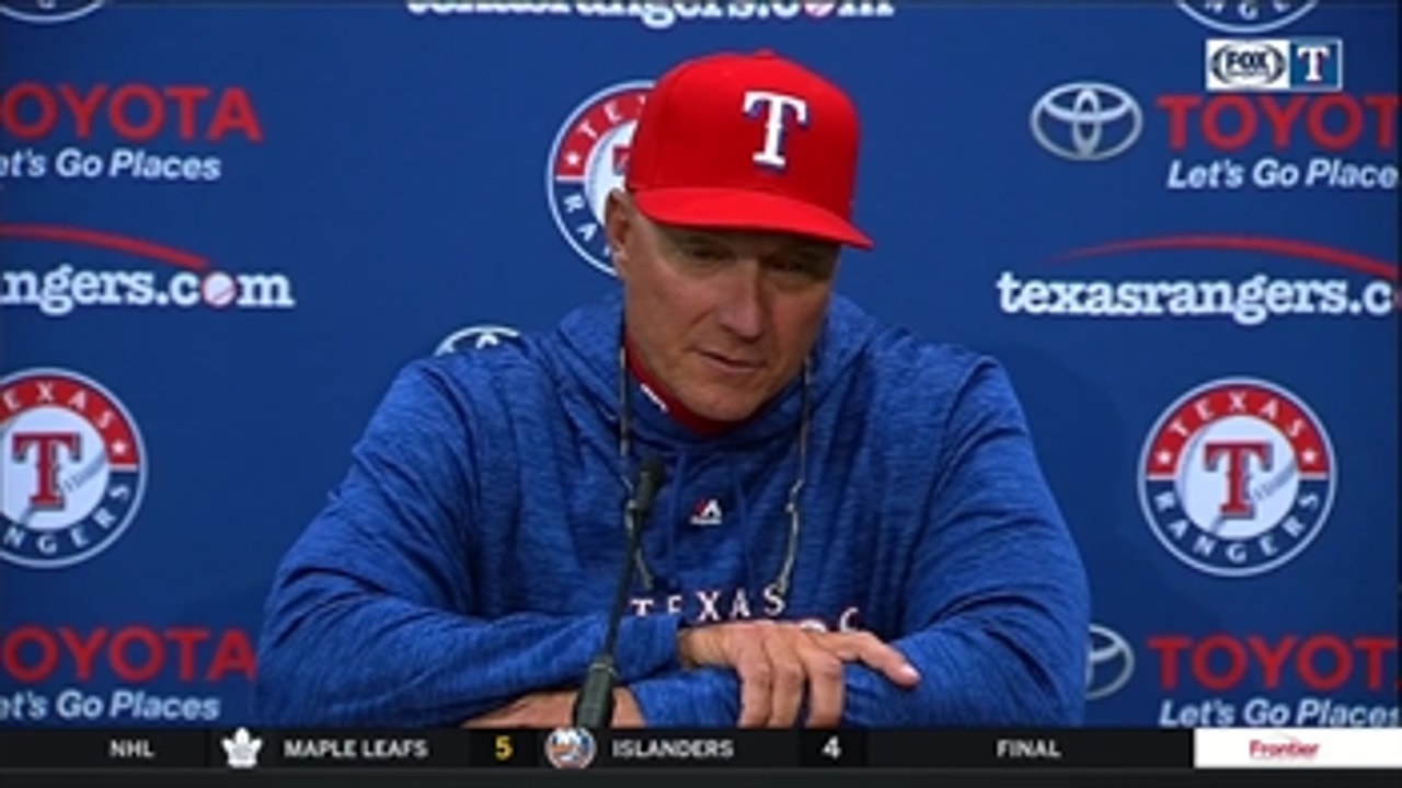 Jeff Banister talks at bats by Rougie and Gallo, in win
