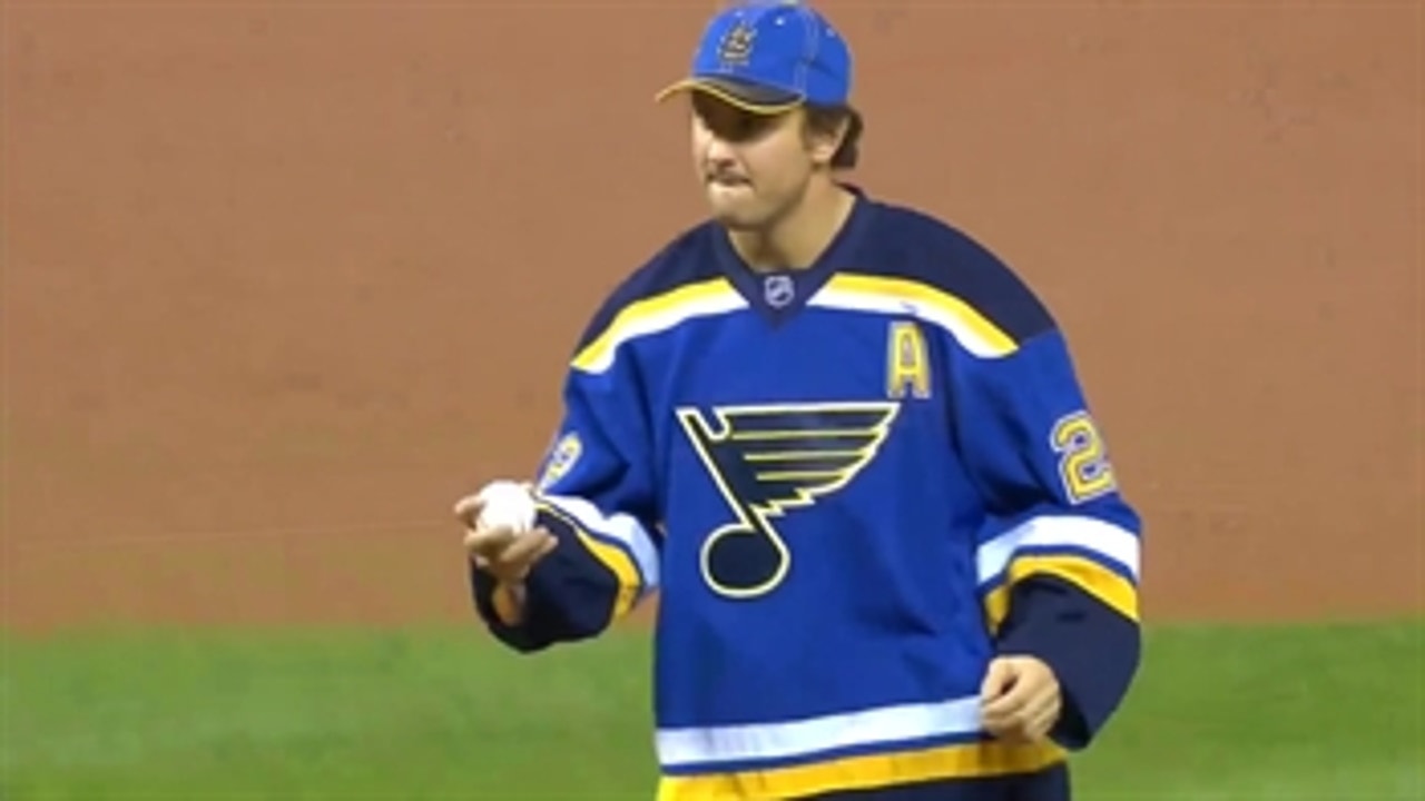 Kevin Shattenkirk throws out the first pitch during 'Blues Night' at Busch Stadium