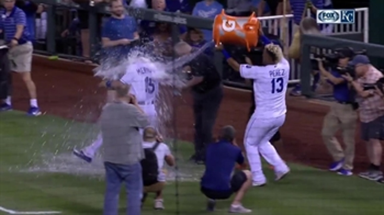 Merrifield gets a surprise Salvy Splash after driving in winning run