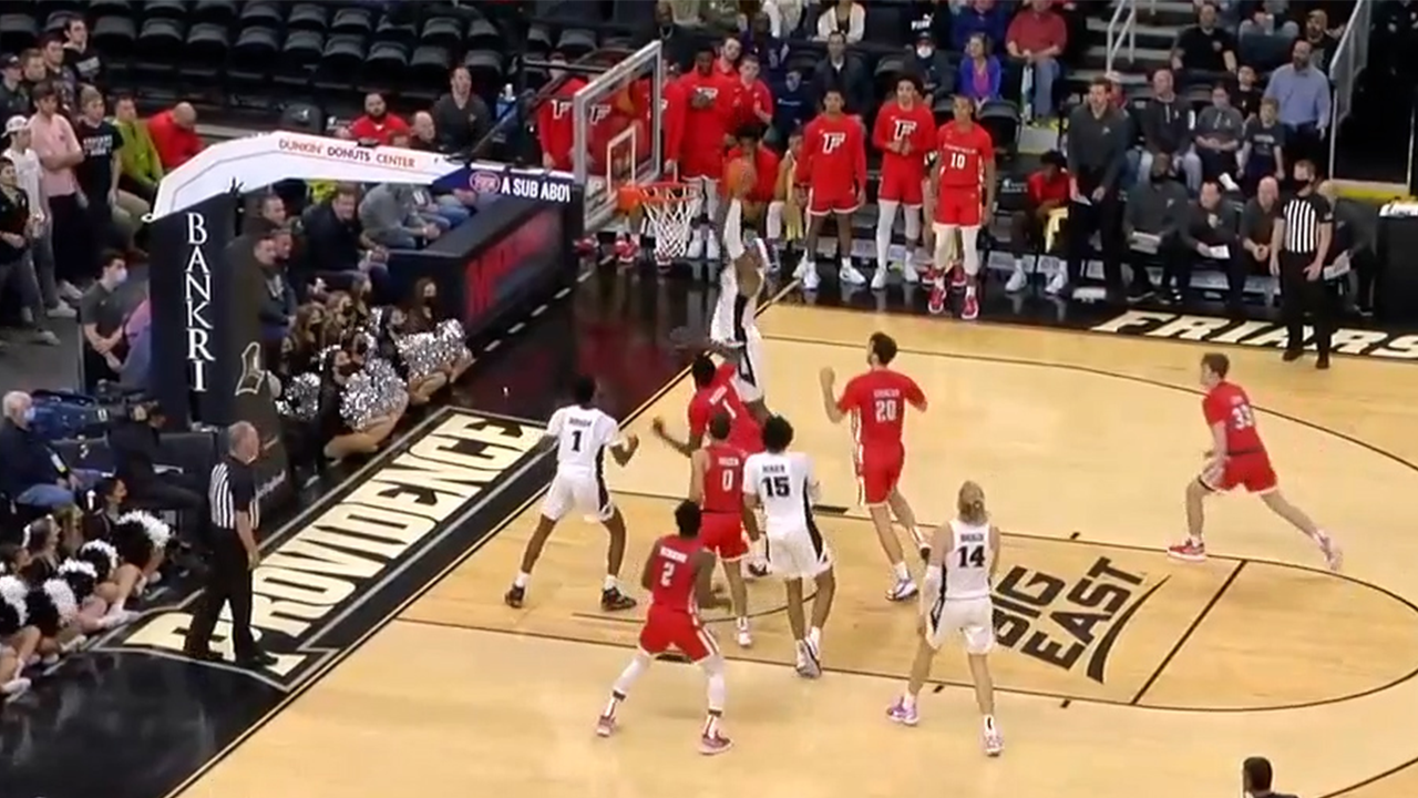 Nate Watson gets under the hoop for the slam to help Providence go ahead vs Fairfield, 30-28
