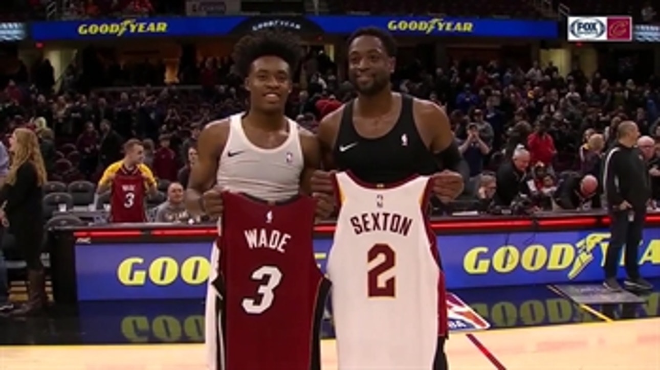 After his final game in Cleveland Dwyane Wade exchanges jerseys with Collin Sexton