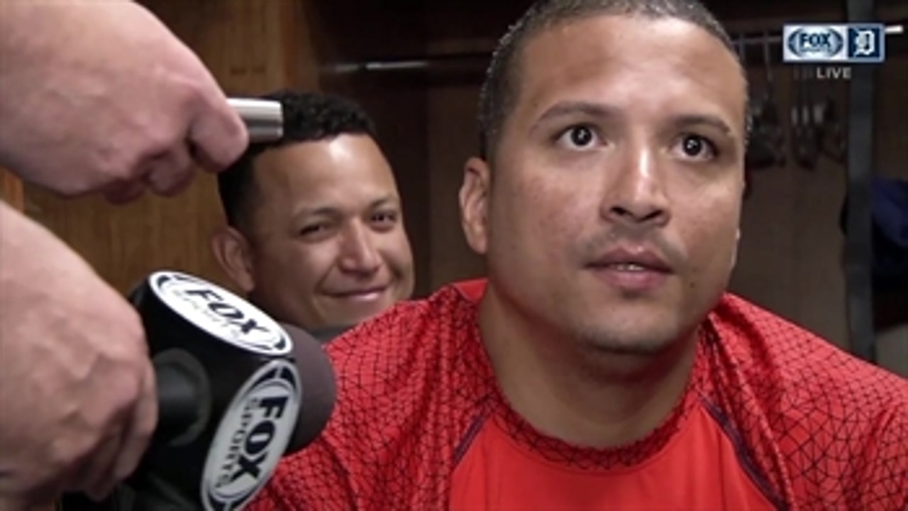Miguel Cabrera drops in on Victor Martinez's post game interview