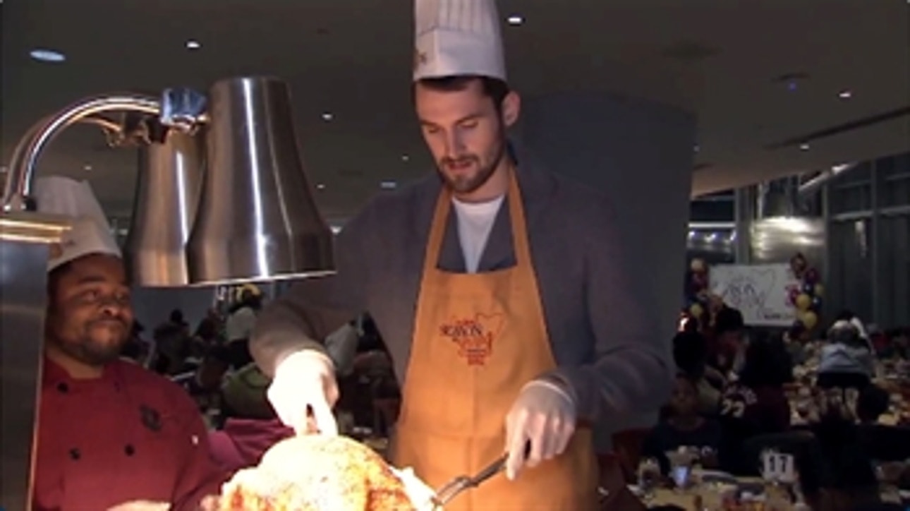 Kevin Love and Kyrie Irving help out with Thanksgiving