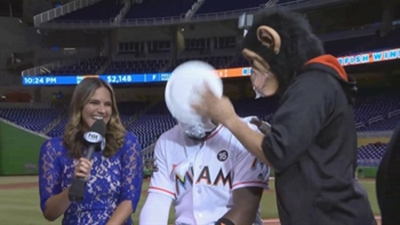 Marcell Ozuna gets pied in the face following successful night