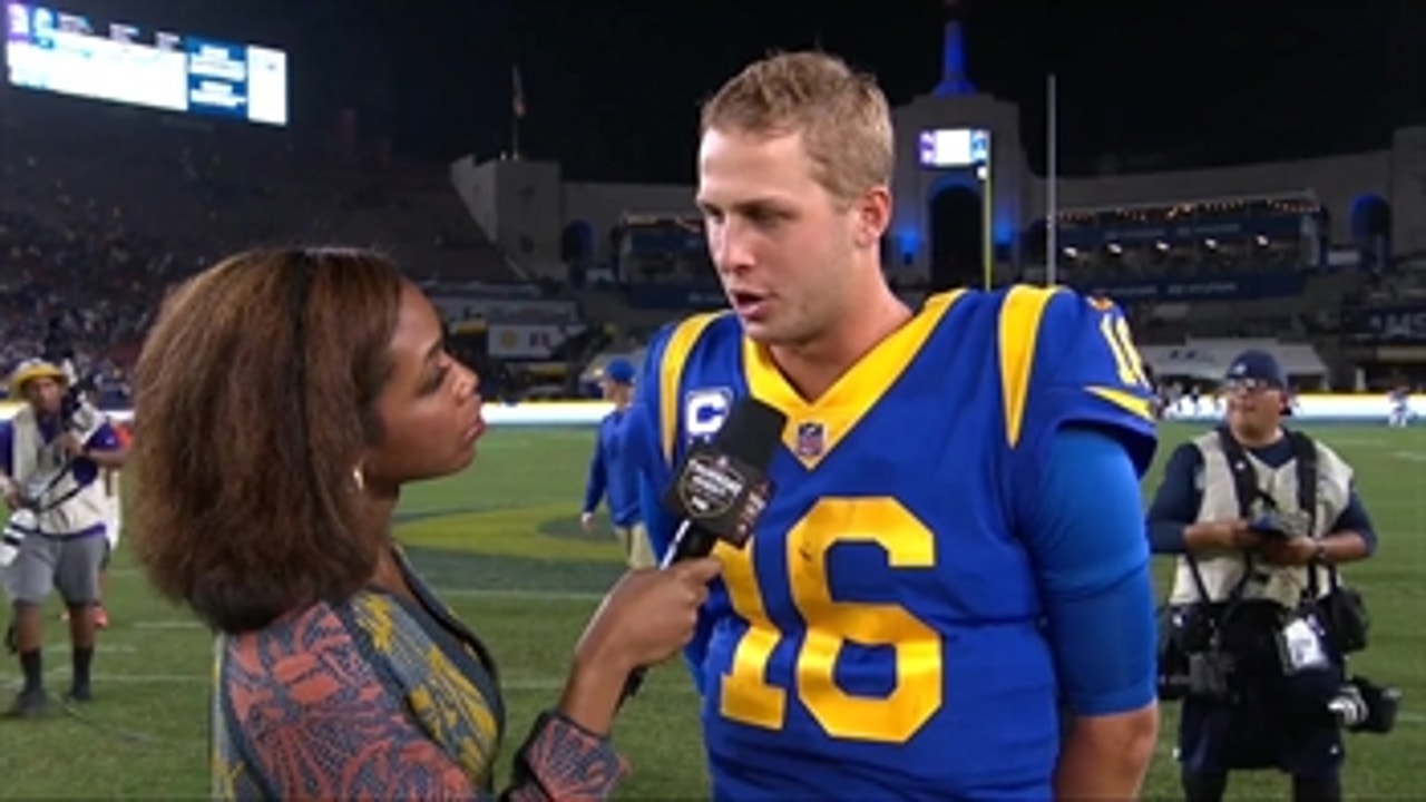 Jared Goff talks with Kristina Pink after lighting up Thursday Night Football with 5 TD's