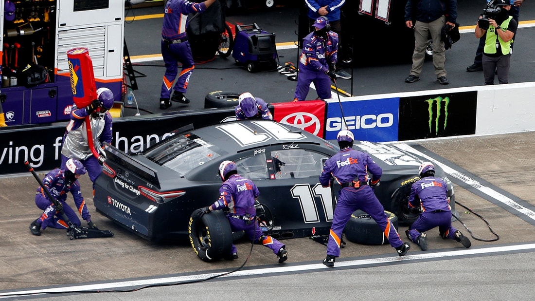 Denny Hamlin blows tire at Talladega, goes from lead pack to down a lap