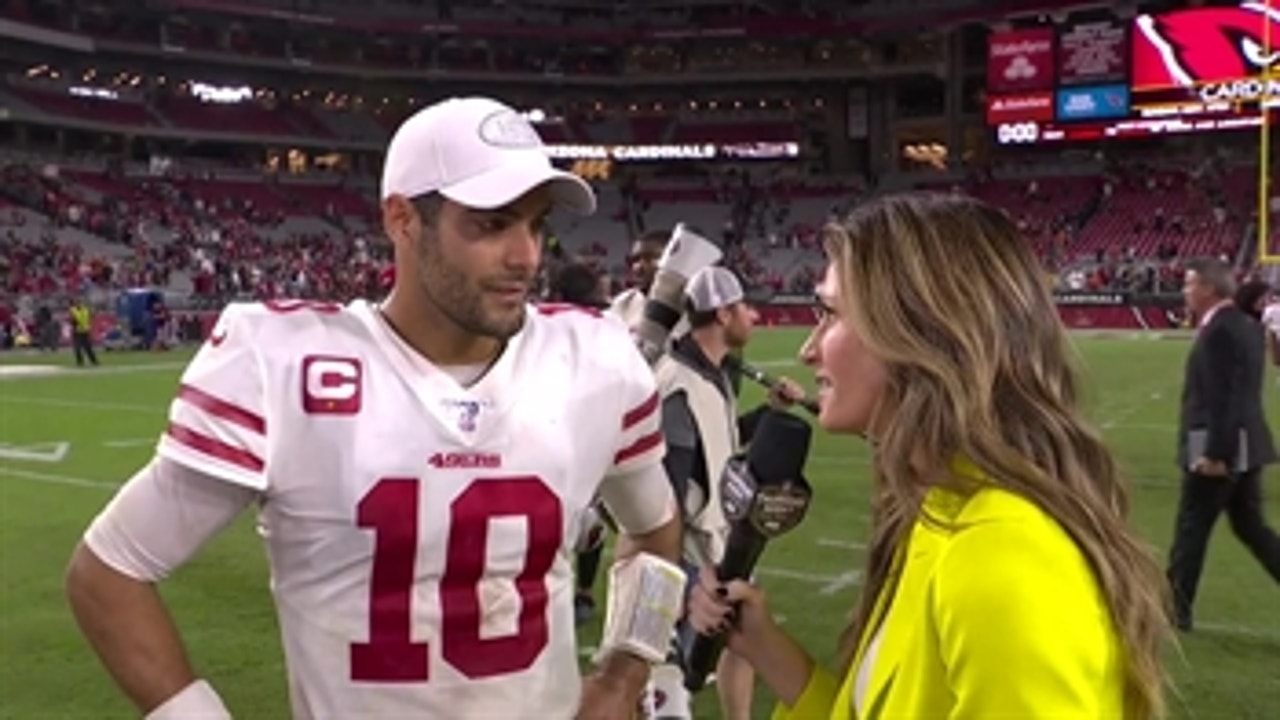 Jimmy Garoppolo reacts to the 49ers win over the Cardinals