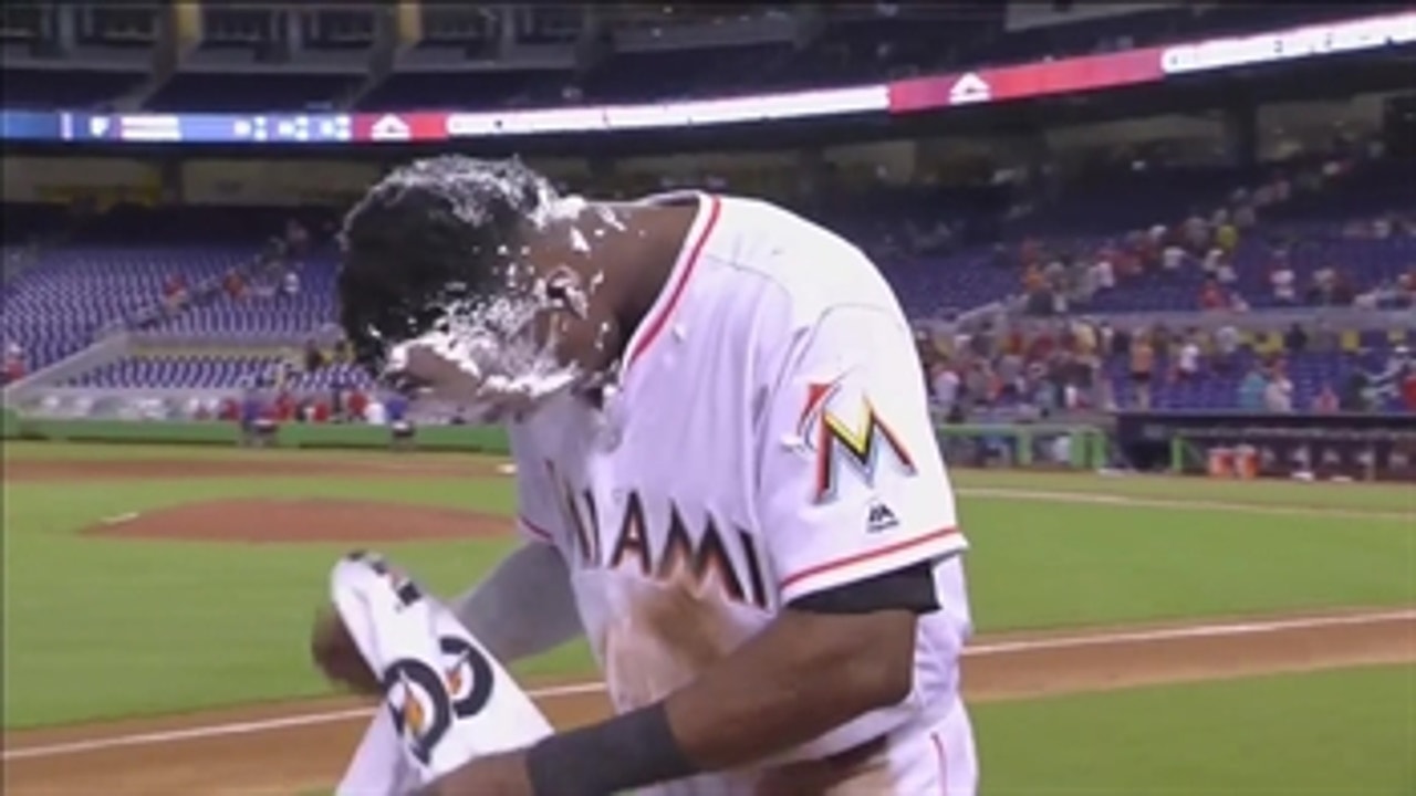 A whipped-cream covered Lewis Brinson feeling good being back in the bigs