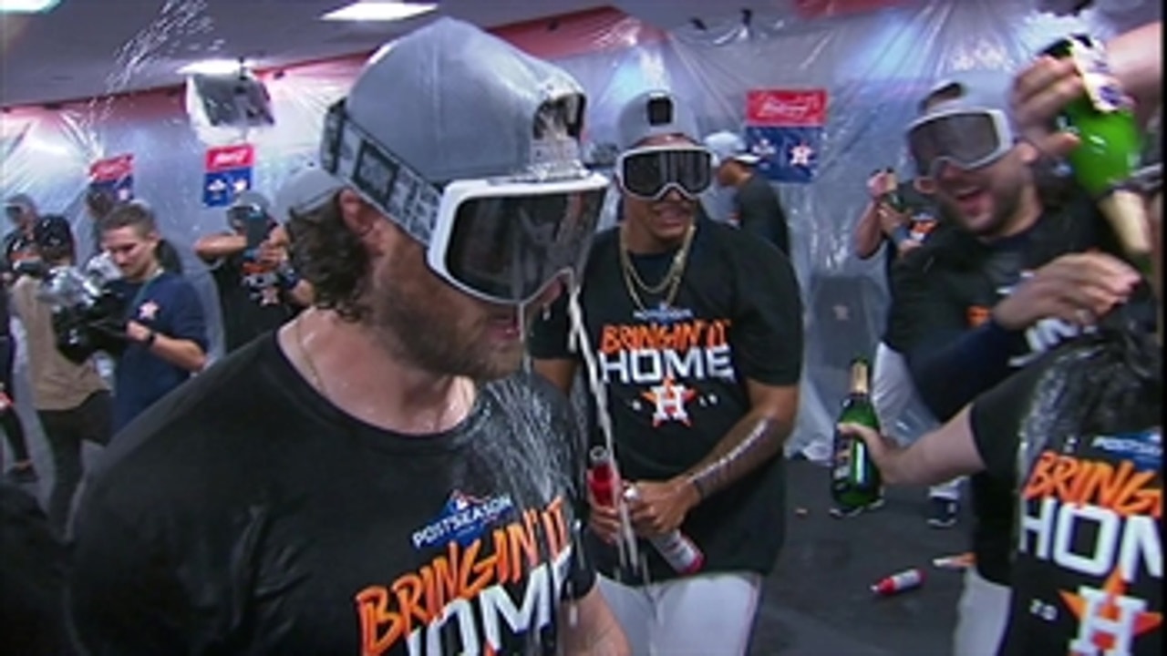Watch the Astros celebrate on the field and in the locker room as they head to ALCS