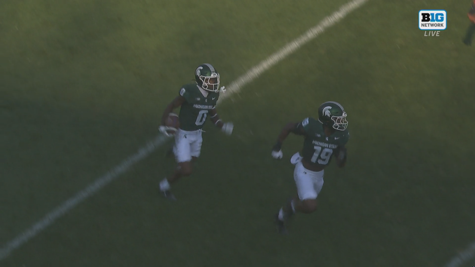 Charles Brantley returns an interception from the END ZONE to give Michigan State a 27-0 lead over Prairie View A&M